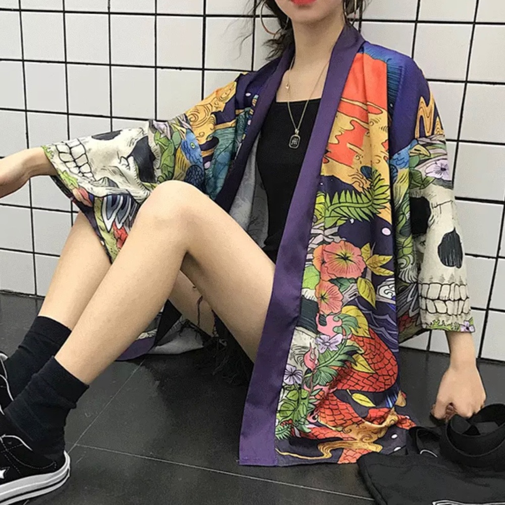 JAPANESE KIMONO SKULL PRINT BLOUSE SUNSCREEN TOP